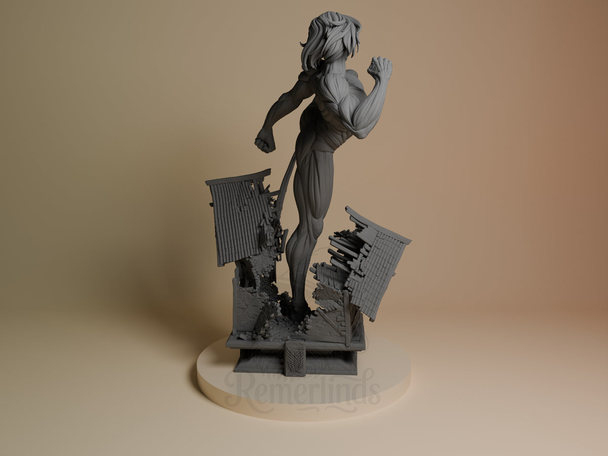 Back view shows Female Titan from Attack on Titan, an unpainted resin figure with raised fist on a ruined sculpted base.
