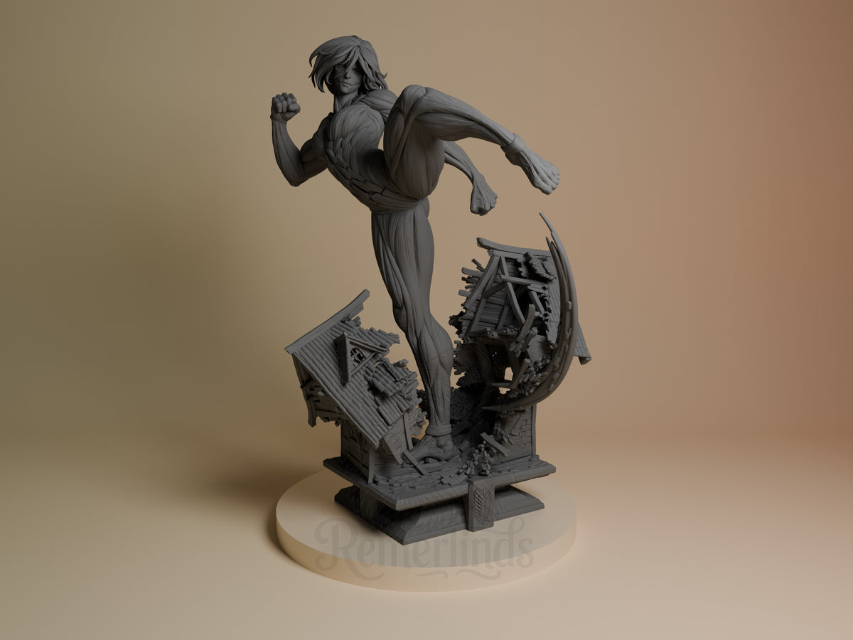 Front view shows Female Titan from Attack on Titan as an unpainted resin figure delivering a flying kick above a ruined base.