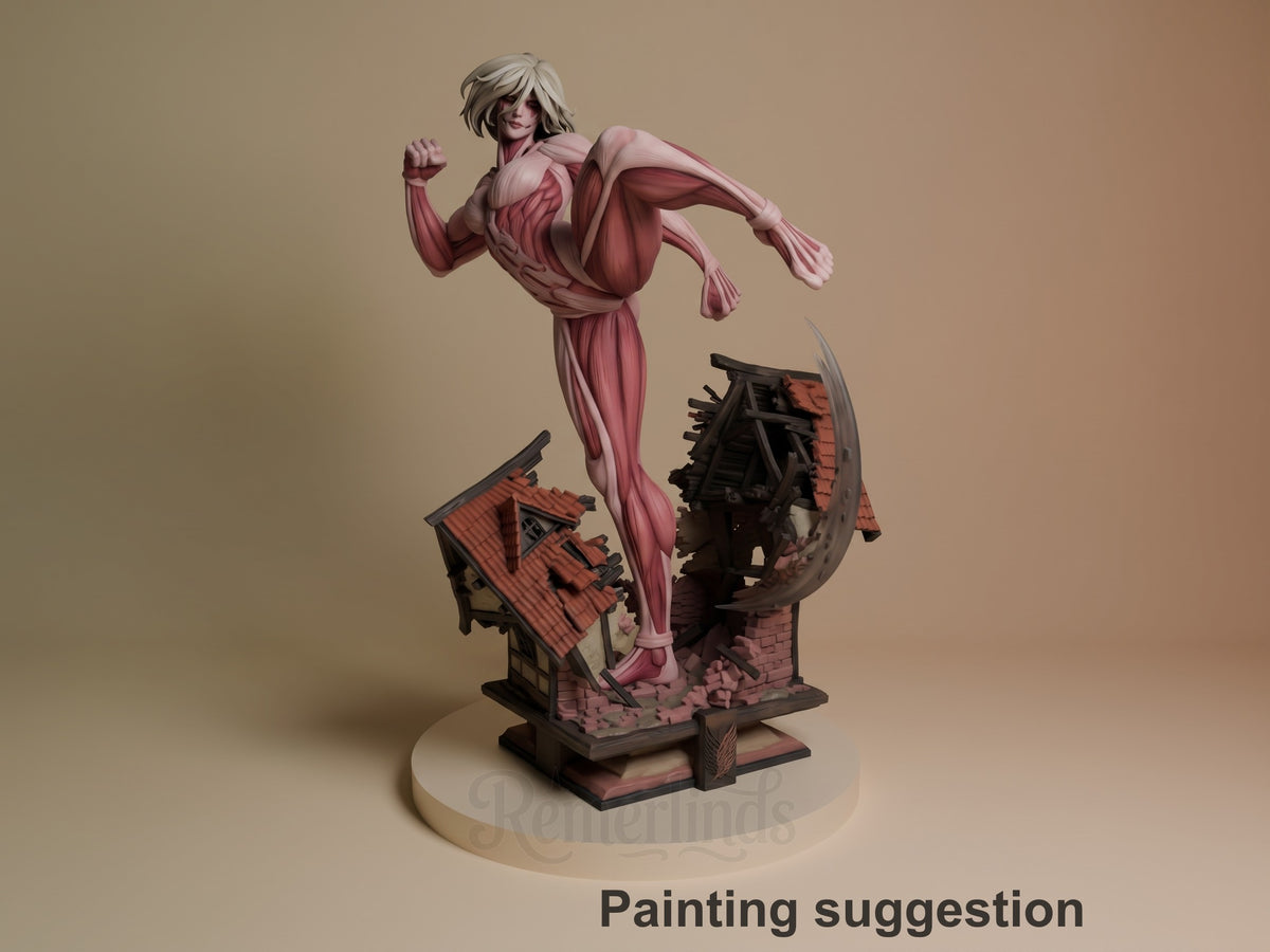 Painted Female Titan from Attack on Titan resin figure is shown running on sculpted ruins.