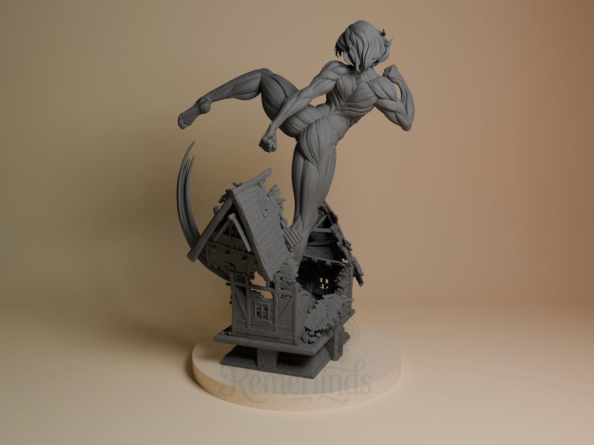 Female Titan from Attack on Titan resin figure, unpainted and mid-kick atop a ruined house base.
