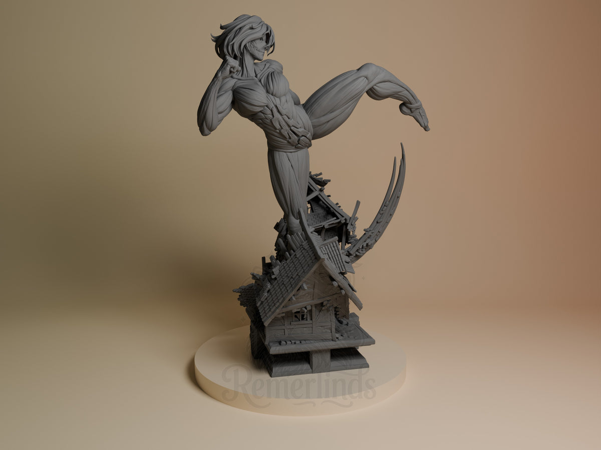 Female Titan from Attack on Titan resin figure, unpainted in a flying kick pose above a sculpted house base.