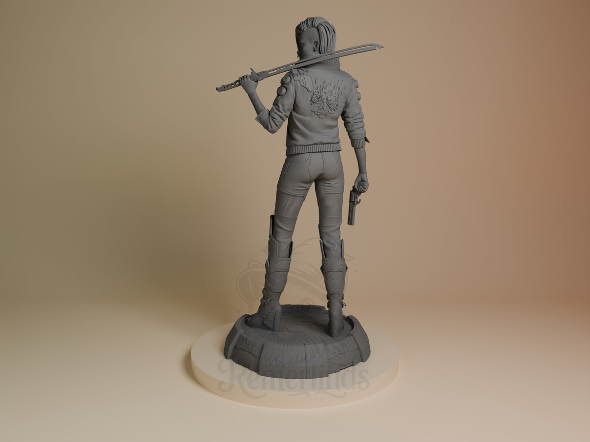 Female V from Cyberpunk 2077, an unpainted resin figure, faces away with a katana on a sculpted base.