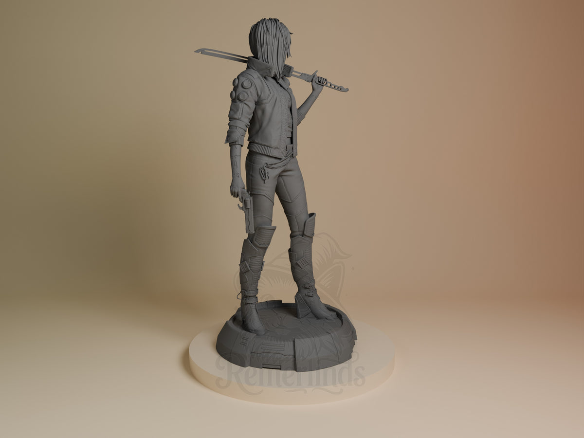 Female V from Cyberpunk 2077 is shown from the back as an unpainted resin figure on a sculpted base.