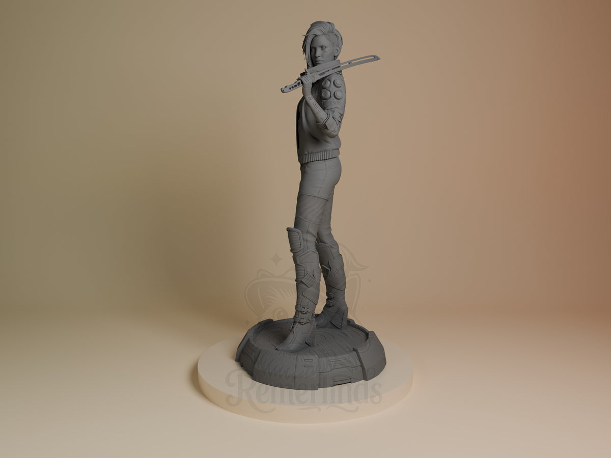Female V from Cyberpunk 2077 is an unpainted resin figure, front-facing with a sword on a sculpted base.
