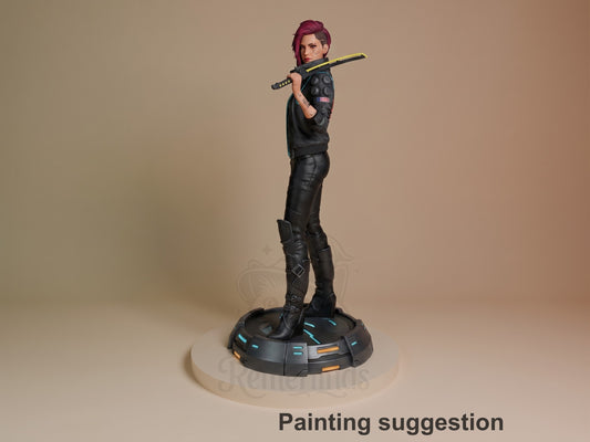Painted resin figure of Female V from Cyberpunk 2077 stands in three-quarter view with a katana on a sculpted base.