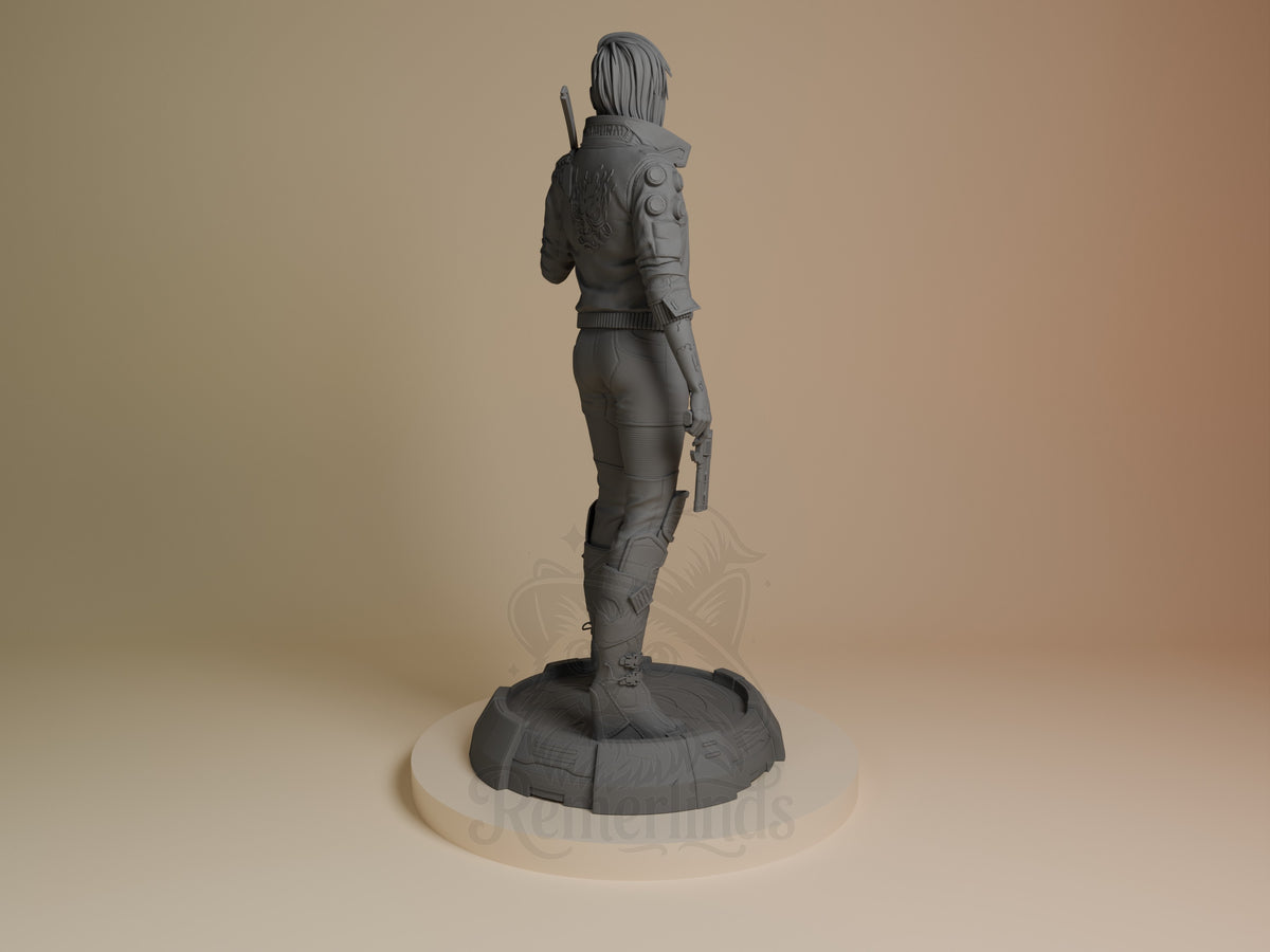 Female V from Cyberpunk 2077 is shown from behind as an unpainted resin figure with pistol on a sculpted base.