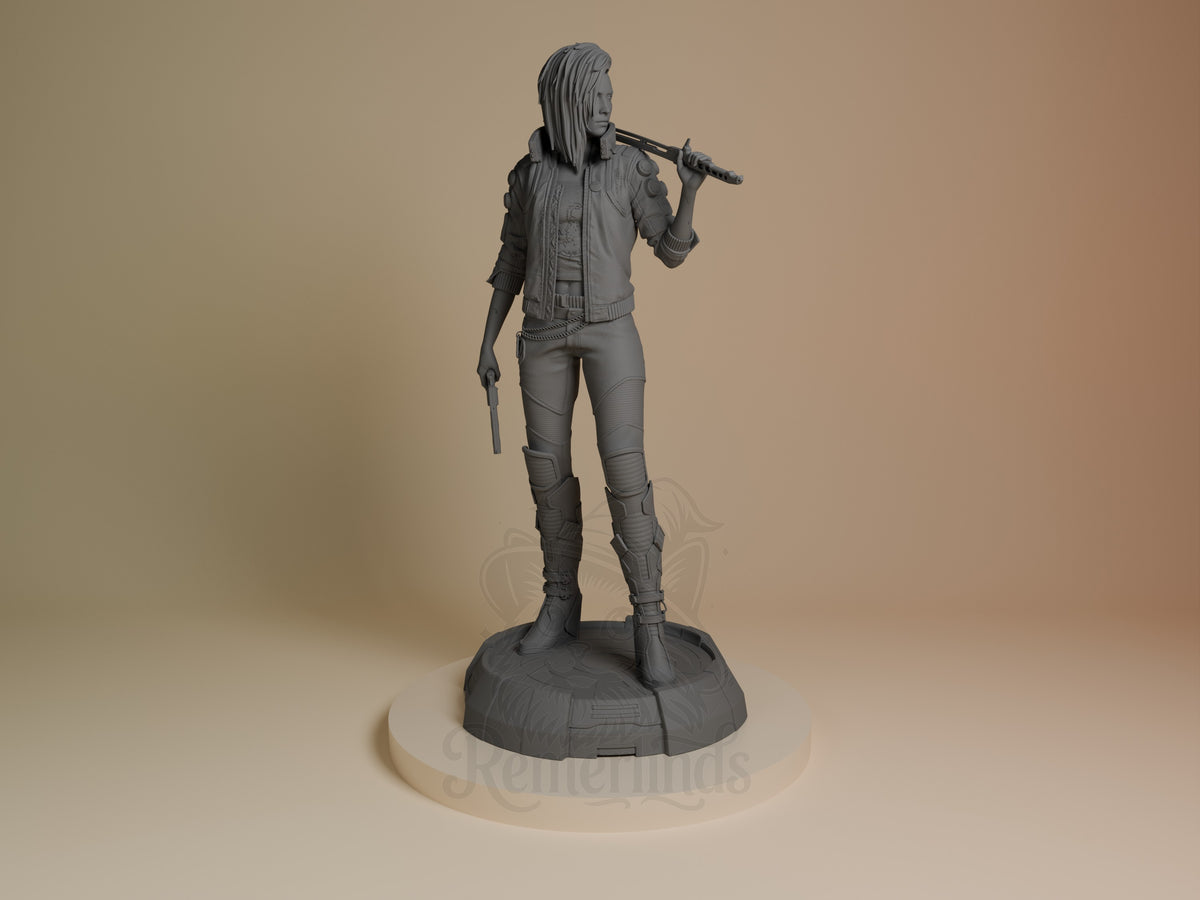 Female V from Cyberpunk 2077 stands in a three-quarter pose with two weapons on a sculpted base as an unpainted resin figure.
