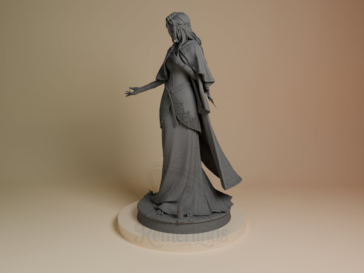 Fire Keeper from Dark Souls is an unpainted resin figure in profile, with one hand extended on a sculpted round base.