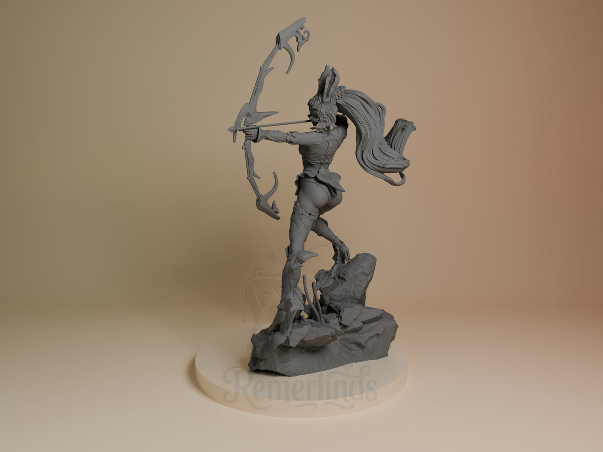 Fran from Final Fantasy, an unpainted resin figure, draws a bow on a sculpted base.