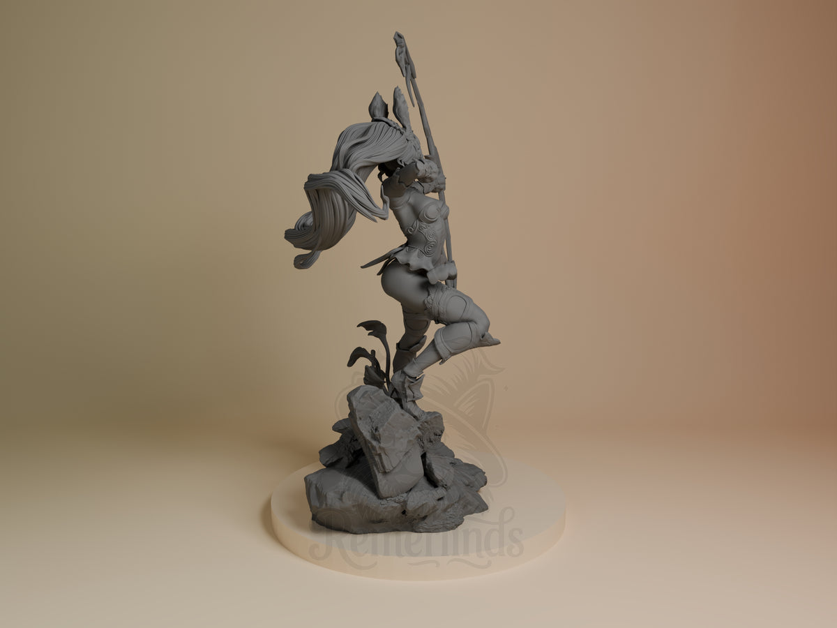 Fran from Final Fantasy is shown from behind as an unpainted resin figure, with bow, armor, and bent legs on a sculpted base.