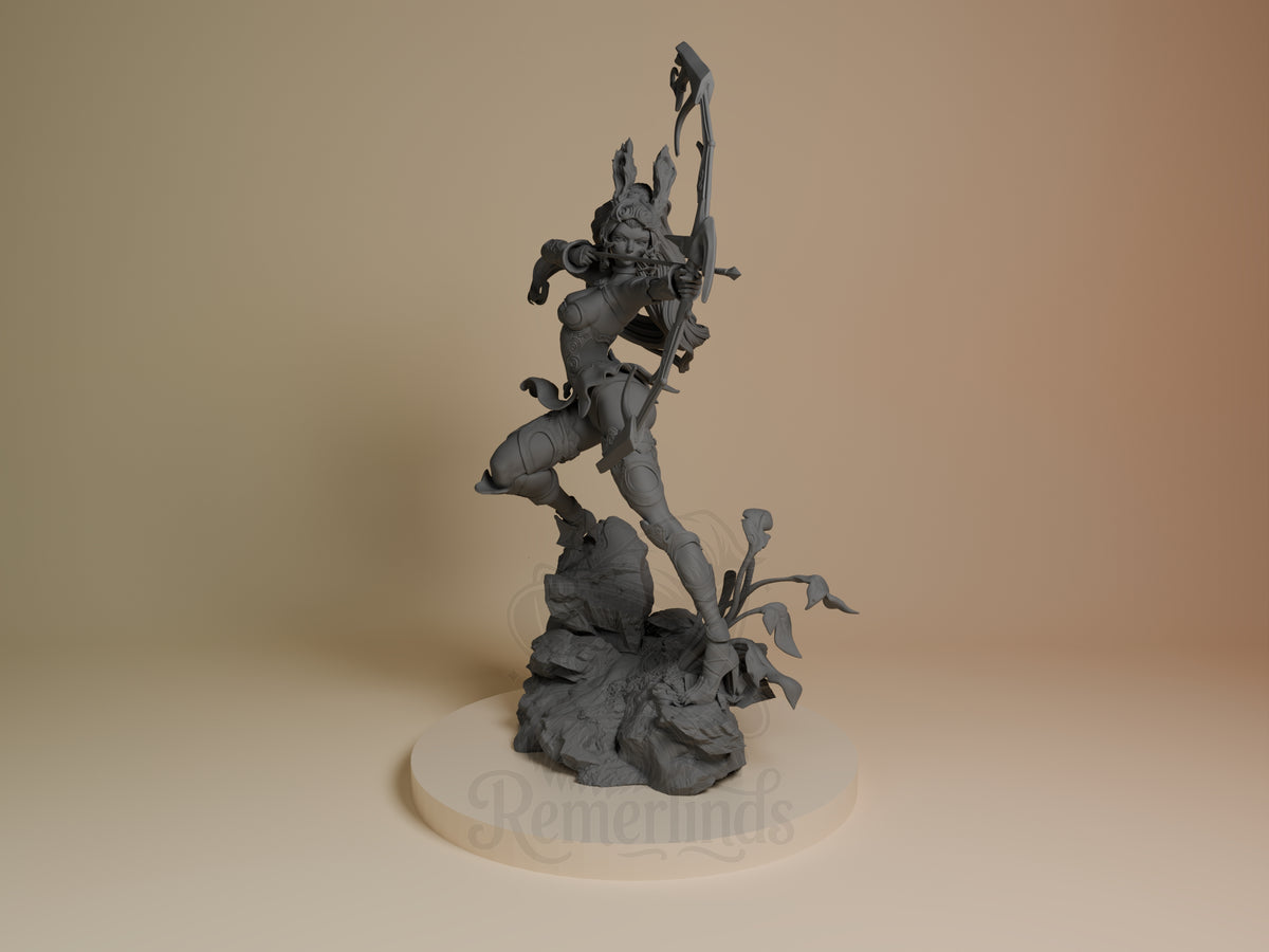 Front view of Fran from Final Fantasy, unpainted resin figure drawing a bow on rocky base.