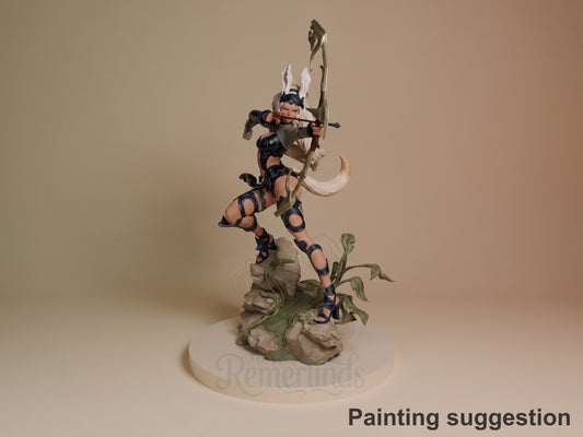Fran resin figure from Final Fantasy in dynamic archer pose on rocky base, painted in black armor with white rabbit ears and blonde hair, holding bow and staff.