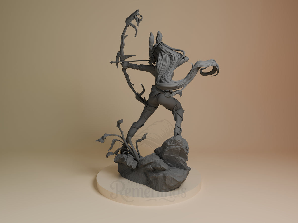 Fran from Final Fantasy resin figure, unpainted and shown from behind, drawing a bow on a rocky base.
