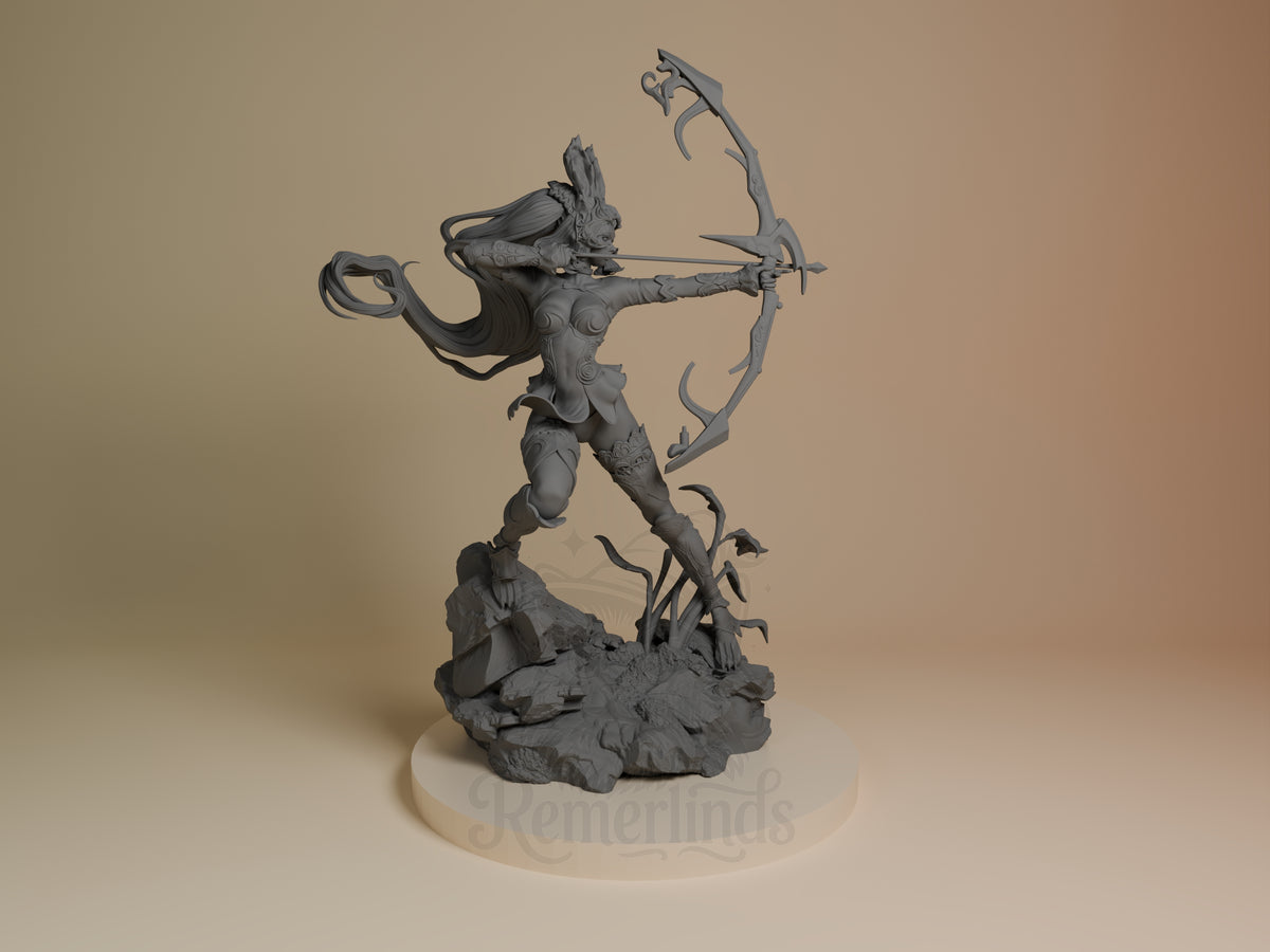 Fran from Final Fantasy is an unpainted resin figure drawing a bow atop a rocky sculpted base.