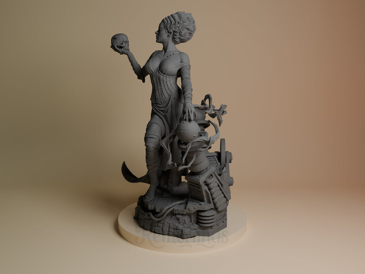 Frankenstein's Bride resin figure angled view showing detailed unpainted gray sculpt with creature base, holding skull aloft in dynamic pose.