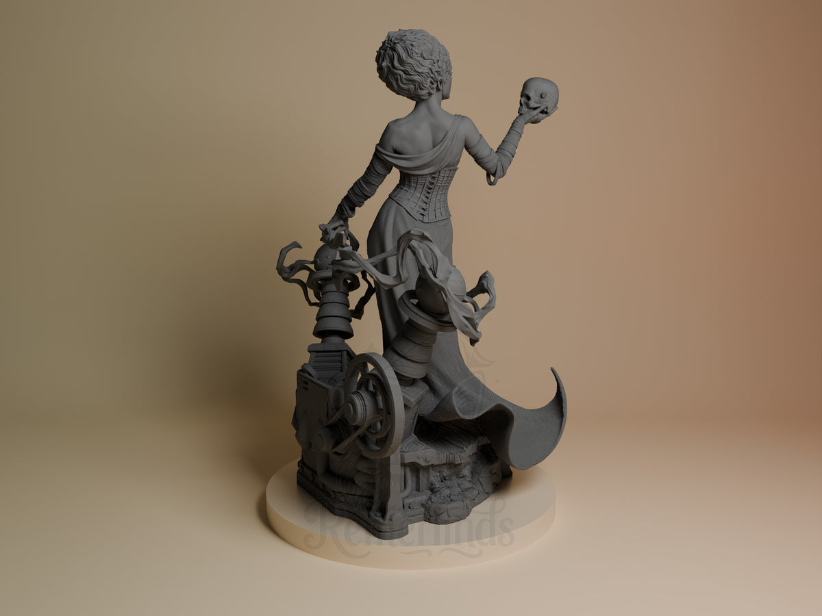 Frankenstein's Bride resin figure shown from back view, holding a skull aloft, wearing corset and draped fabric, unpainted gray resin on cream base.