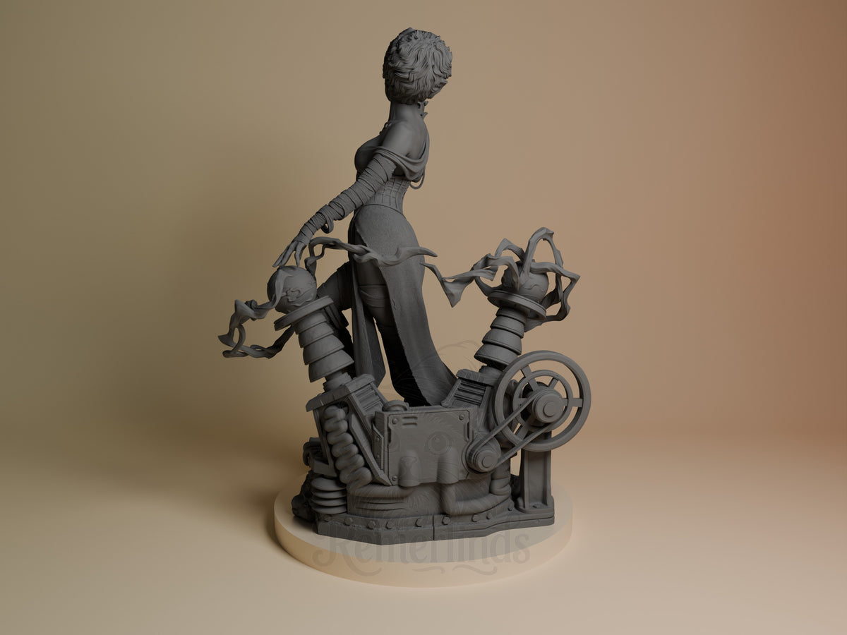 Frankenstein's Bride resin figure shown from left side, featuring the character mounted on an ornate mechanical base with articulated arm details, unpainted gray finish.