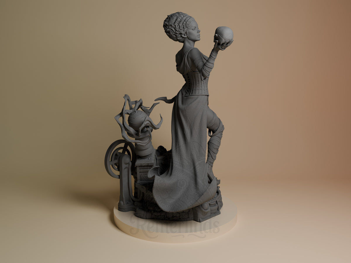 Frankenstein's Bride resin figure shown from right side, holding a skull aloft with flowing gown and corset detail, unpainted gray finish on circular base.