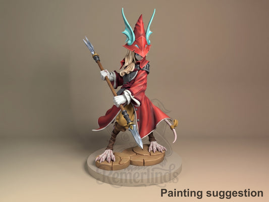 Painted resin figure of Freya Crescent from Final Fantasy stands three-quarter view with spear on a rocky base.