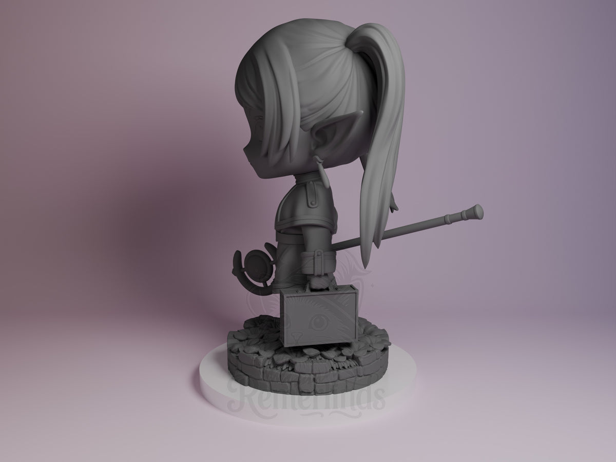Frieren from Frieren: Beyond Journey's End resin Chibi figure shown unpainted in side profile on a sculpted base.
