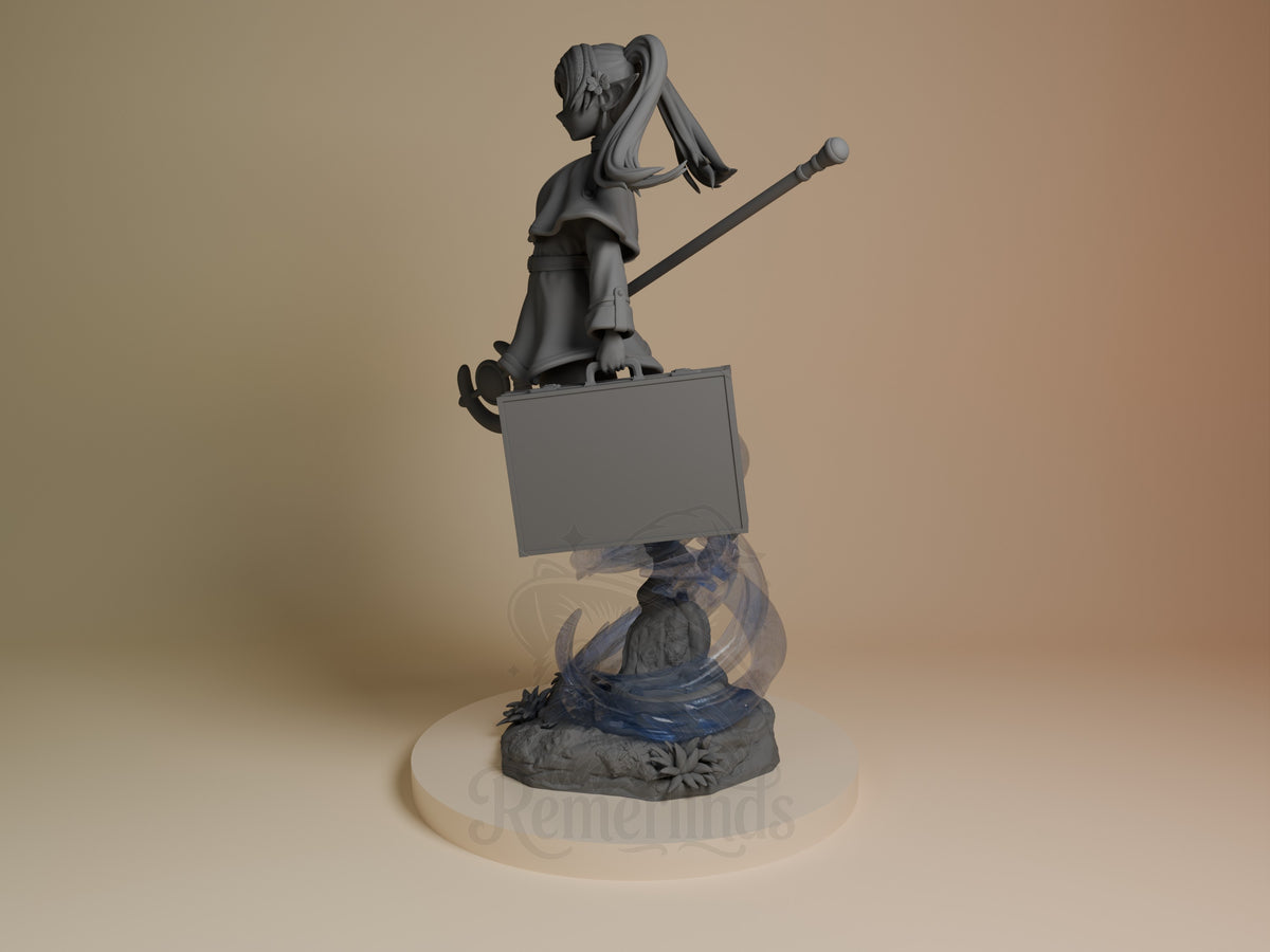 Frieren from Frieren: Beyond Journey's End stands side-on as an unpainted resin figure with staff, suitcase, and sculpted ?