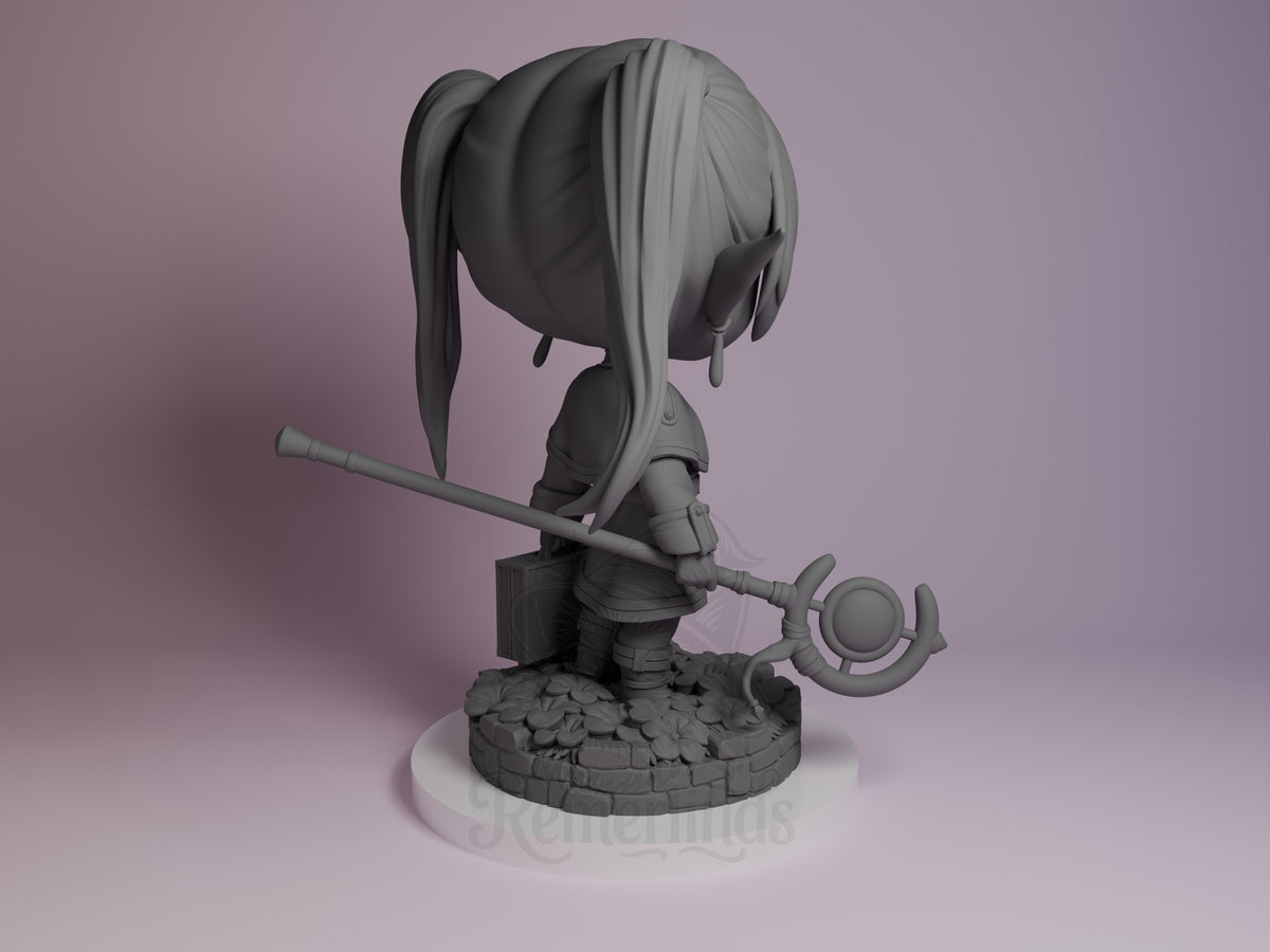 Frieren from Frieren: Beyond Journey's End, unpainted resin Chibi figure shown from behind.