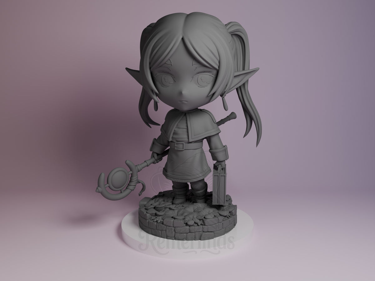 Front-facing Frieren from Frieren: Beyond Journey's End is an unpainted resin Chibi figure on a sculpted base.