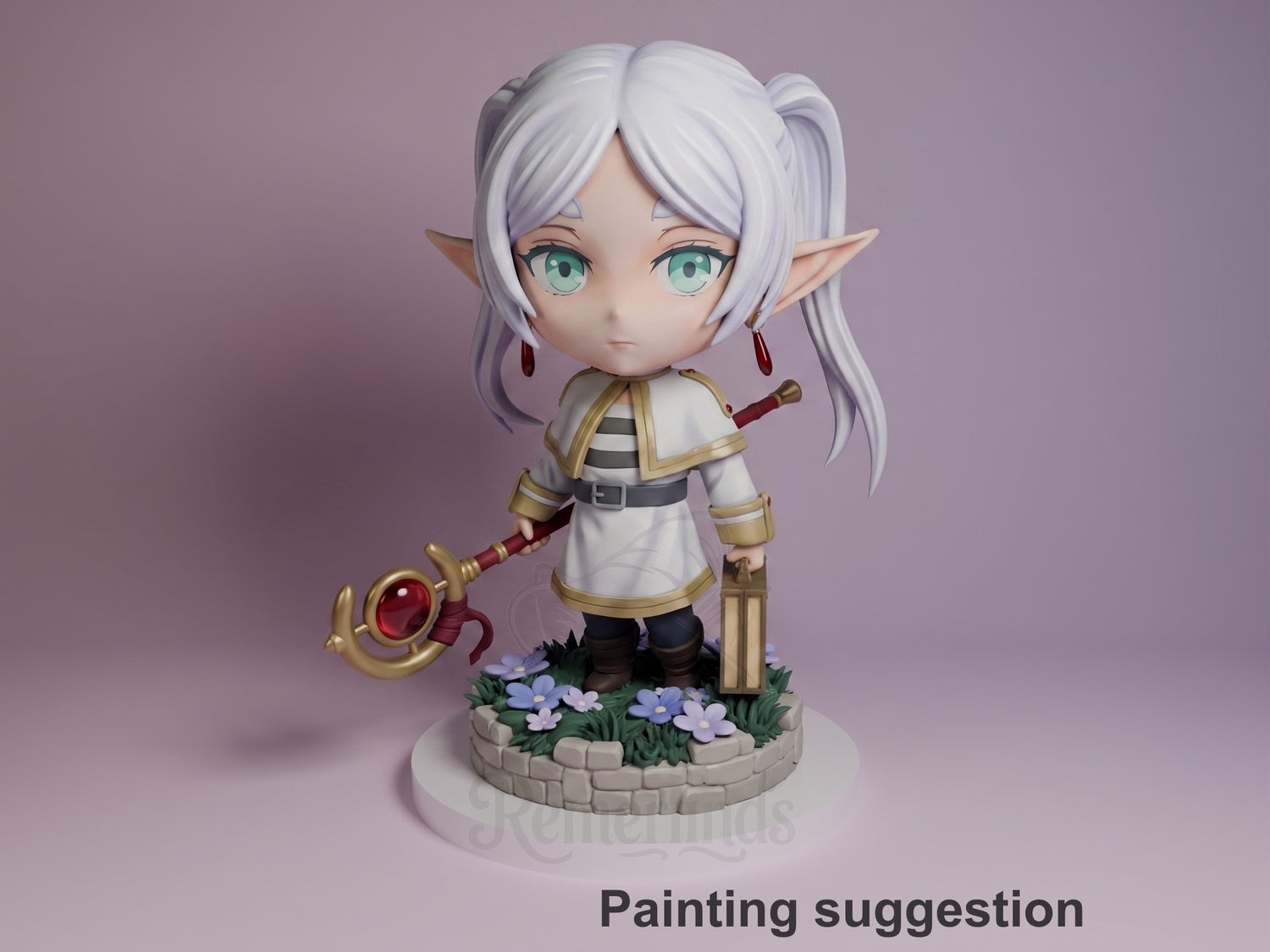 Painted resin Chibi figure of Frieren from Frieren: Beyond Journey's End, posed frontally holding a magical staff, wearing white and gold robes with pointed elf ears, on a flower-decorated base.