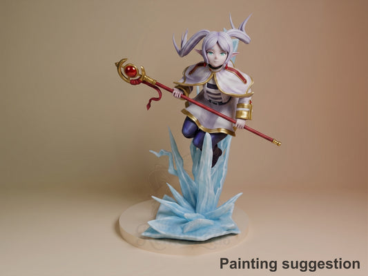 Frieren resin figure in wizard outfit wielding red staff, levitating above blue crystalline base, fully painted with gold armor details.