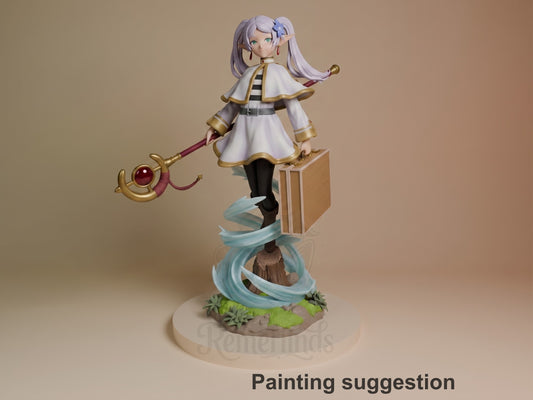 Painted Frieren resin figure from Frieren: Beyond Journey's End holds a staff above a sculpted forest base.