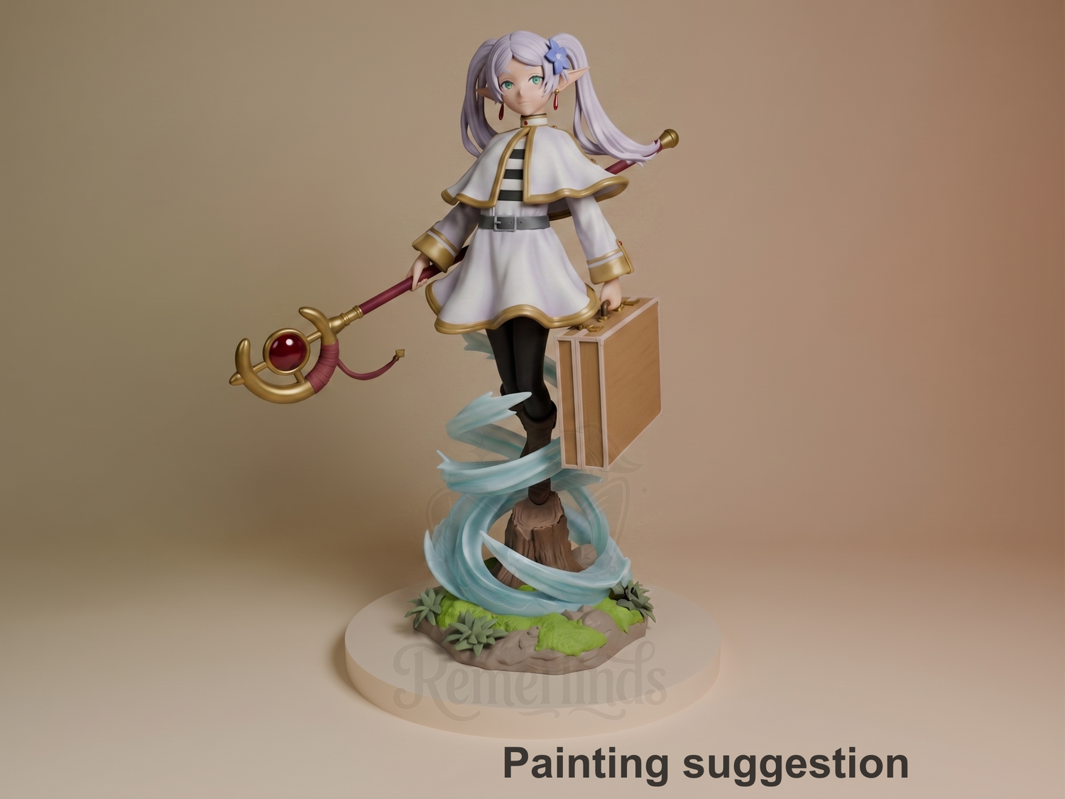 Frieren from Frieren: Beyond Journey's End is a painted resin figure holding a staff above a swirling sculpted base.