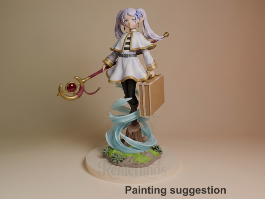 Frieren from Frieren: Beyond Journey's End is a painted resin figure holding a staff above a swirling sculpted base.