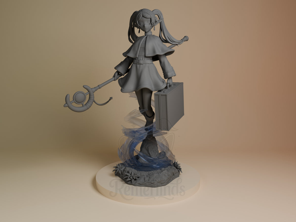 Front view of unpainted Frieren resin figure from Frieren: Beyond Journey's End, posed with staff on a sculpted base.