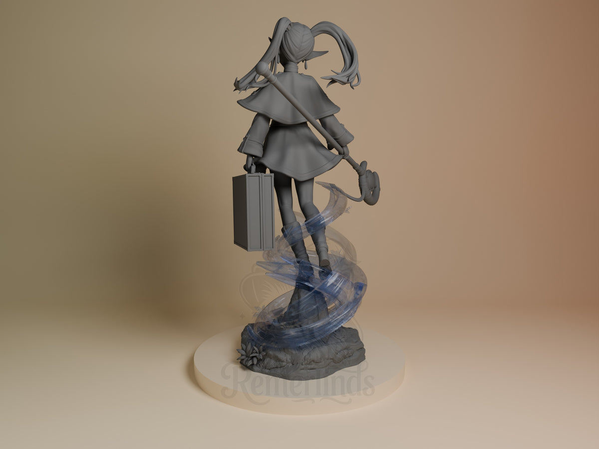 Rear view of unpainted Frieren resin figure from Frieren: Beyond Journey's End, with staff, suitcase, and sculpted base.