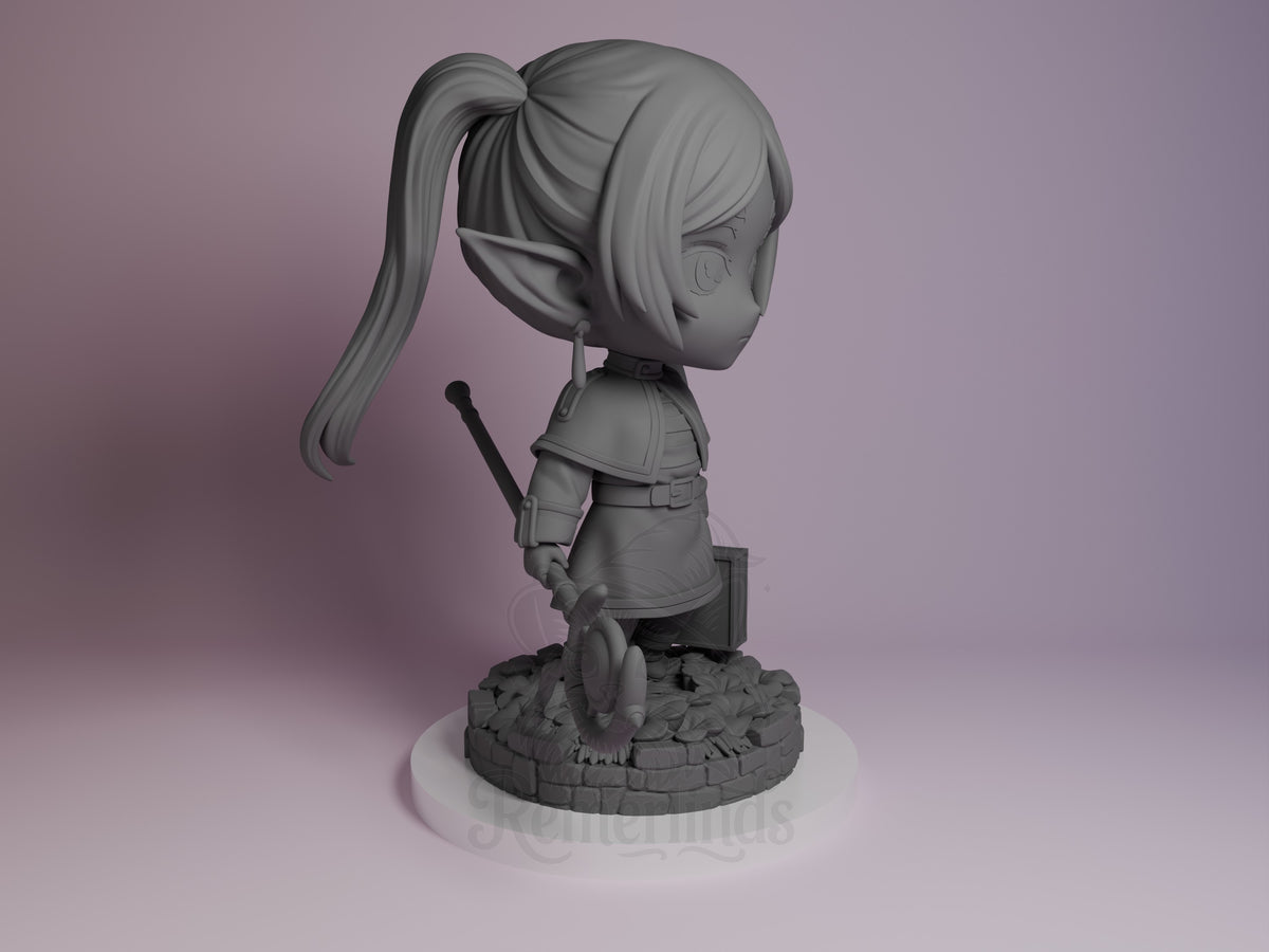 Frieren from Frieren: Beyond Journey's End, an unpainted resin Chibi figure shown in right profile on a stone base.