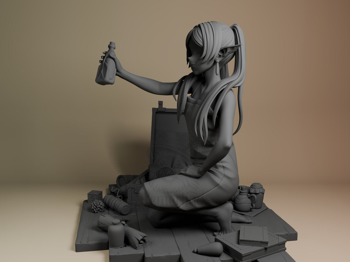 Frieren 3D resin figure seated on base with long hair, holding bottle, surrounded by adventure items like books and supplies.