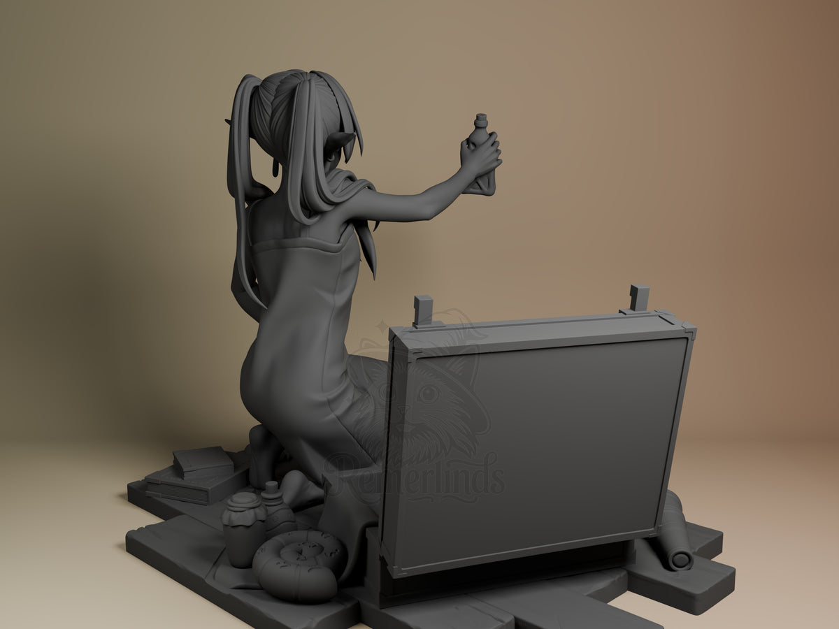 Frieren resin figure viewed from behind, kneeling with arm extended, unpainted gray polymer, detailed base with accessories.
