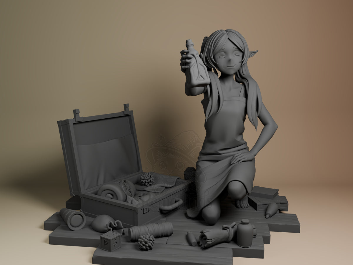 Frieren resin figure kneeling with potion bottle, surrounded by scattered toys and open chest, unpainted gray finish, front view.