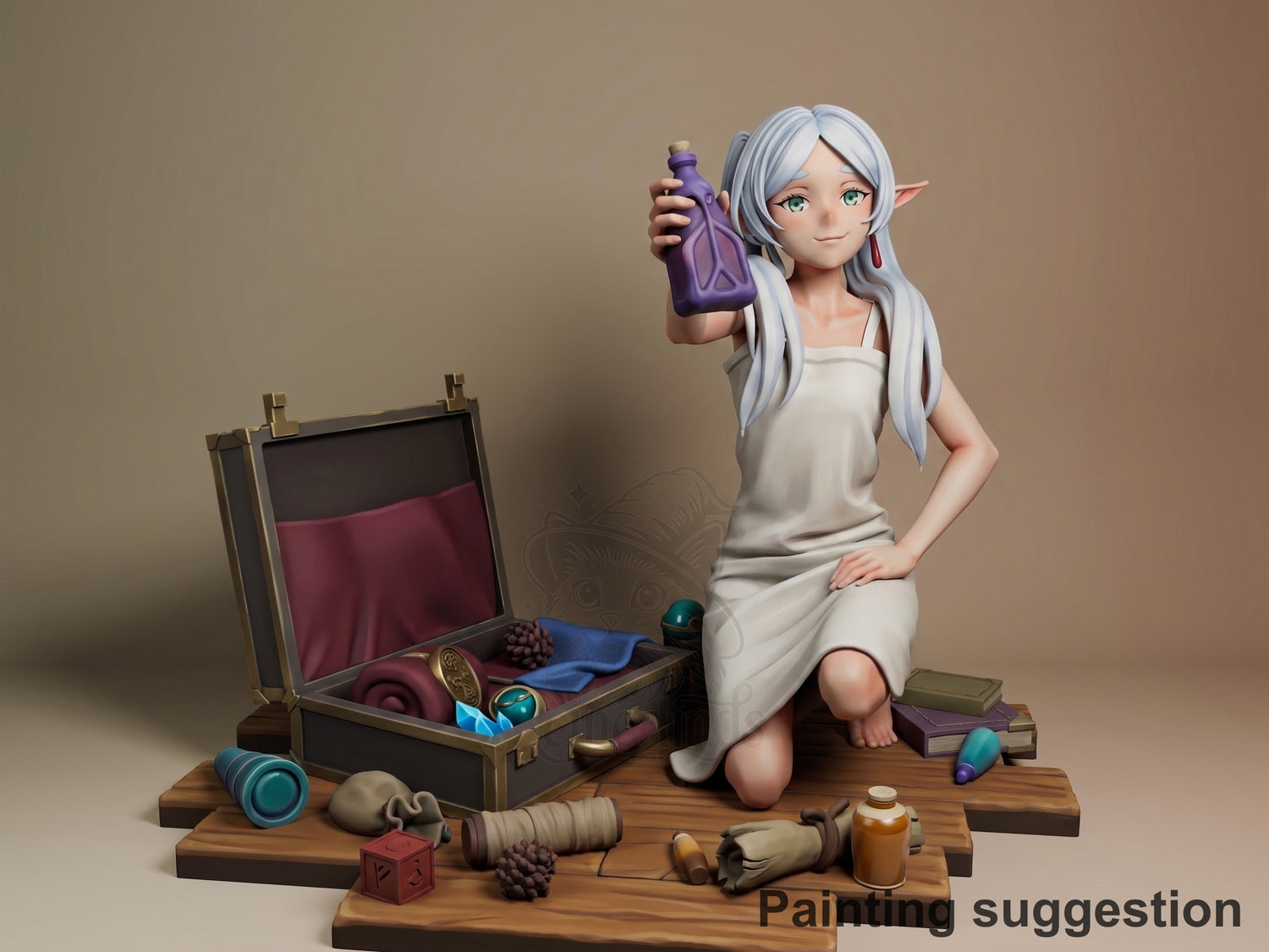 Frieren resin figure kneeling on wooden base, holding purple potion bottle, surrounded by painted accessories and open treasure chest.