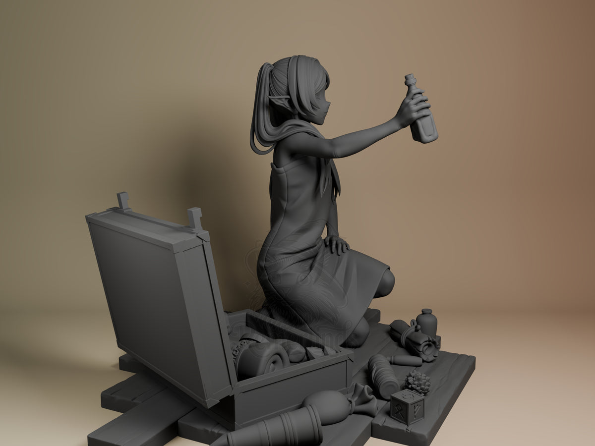 Frieren resin figure in kneeling pose holding bottle, unpainted gray finish, surrounded by scattered toys and open chest on base, right-side angle.