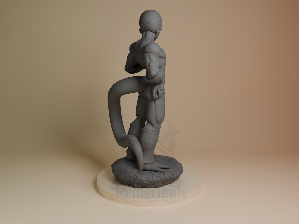 Back three-quarter view of Void Emperor from Dragon Sphere Y, an unpainted resin figure on a textured sculpted base.