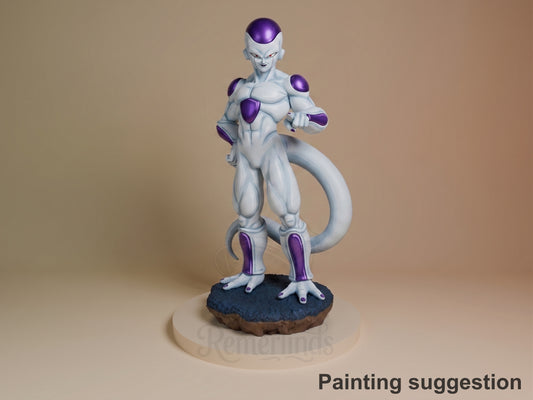 Void Emperor resin figure from Dragon Sphere Y standing on rocky base, white and purple paint scheme, tail curved behind, front-facing pose with confident stance.