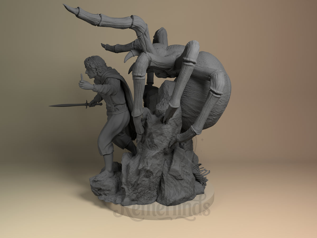 Side view shows Frodo Baggins from Lord of the Rings, an unpainted resin figure crouching with sword beside a spider.