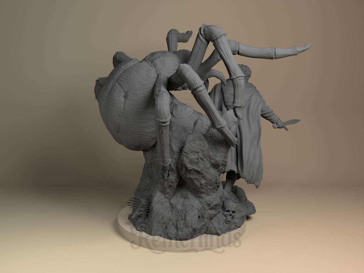 Back view shows unpainted Frodo Baggins from Lord of the Rings resin figure beside a spider.