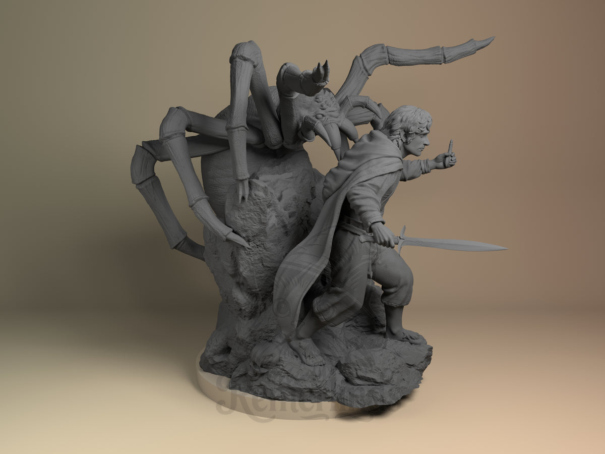 Right-facing Frodo Baggins from Lord of the Rings is an unpainted resin figure, crouching with blades on a rocky base.