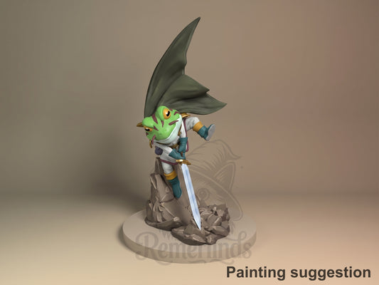 Painted Frog from Chrono Trigger resin figure leaps in three-quarter view with sword over a rocky sculpted base.