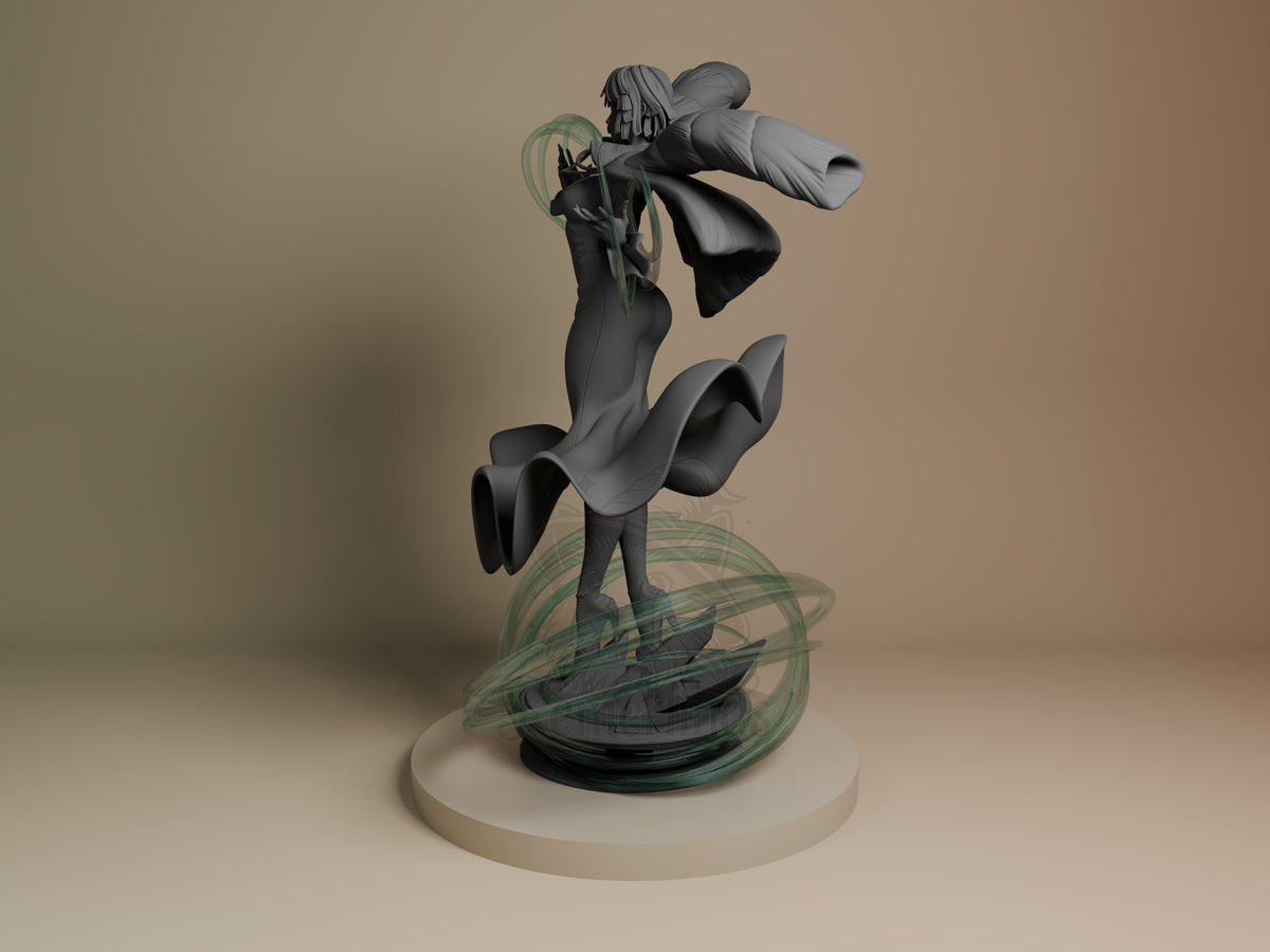 Fubaki resin figure from One Punch Man in dynamic jumping pose with telescope prop, painted black and gray, translucent green orbital base, cream platform.