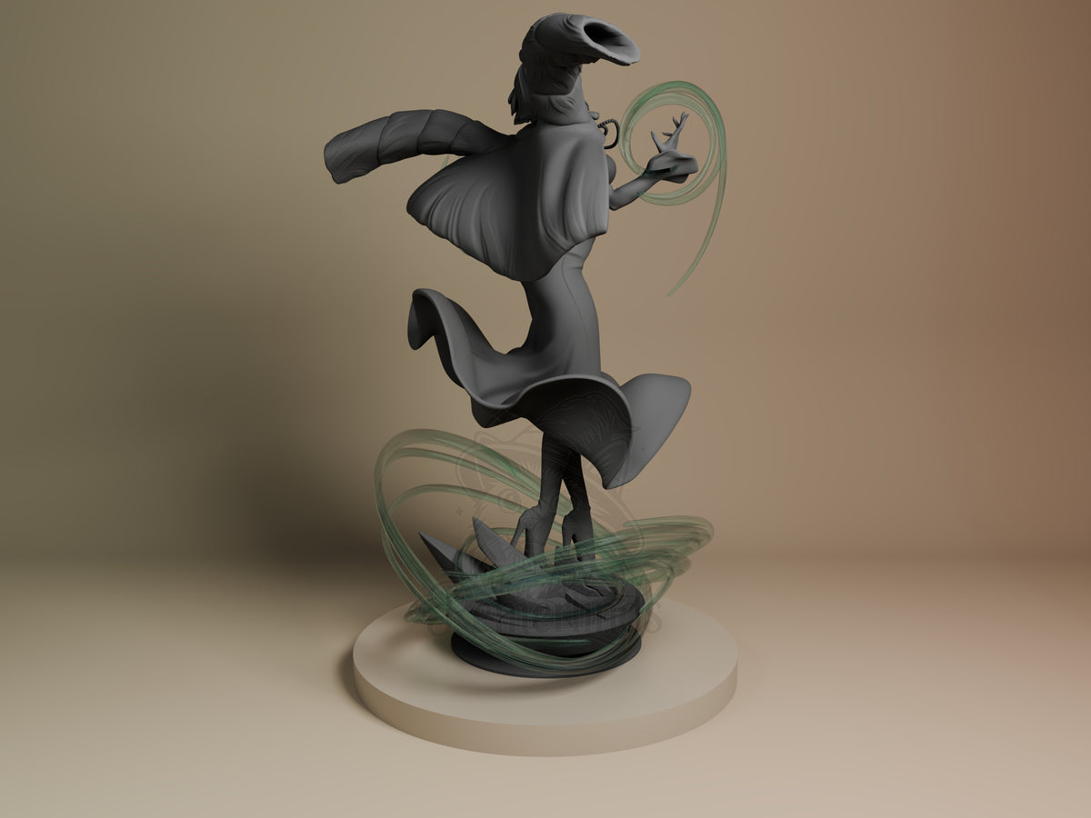 Fubaki resin figure from One Punch Man shown from back, mid-action pose with flowing cape, holding glowing orb, unpainted gray with green accents on base.