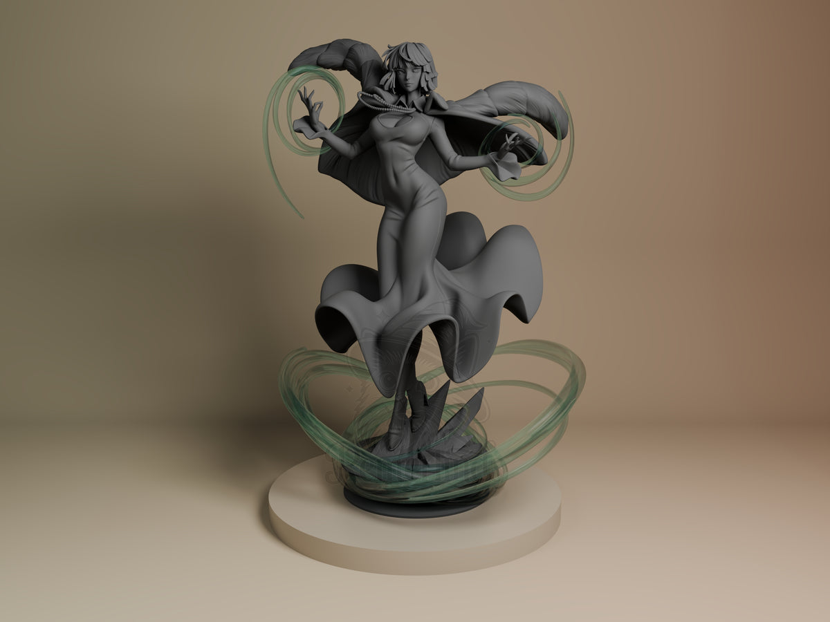Fubaki resin figure from One Punch Man, front view, unpainted gray with green translucent swirl effects, dynamic floating pose on cream base.
