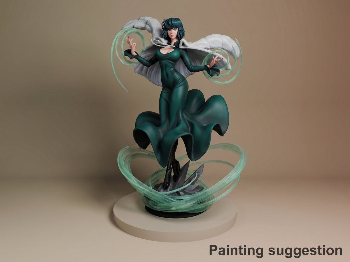 Fubaki resin figure in dynamic pose with flowing teal energy effects, dark green bodysuit, white fur collar, black hair, painted details on cream base, arms raised mid-action.